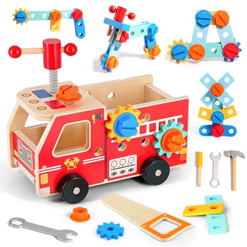 Werkzeugkoffer Kinder, Spielzeug ab 2 Jahre, Kinderwerkzeug Holzspielzeug Montessori Spielzeug ab 2 3 4 Jahre, 32 Stück Feuerwehrauto Spielzeug Spiele 2jahre, Geschenk 2 Jahre Junge Mädchen Werkzeugkoffer Kinder, Spielzeug ab 2 Jahre, Kinderwerkzeug Holzspielzeug Montessori Spielzeug ab 2 3 4 Jahre, 32 Stück Feuerwehrauto Spielzeug Spiele 2jahre, Geschenk 2 Jahre Junge Mädchen von AECHO