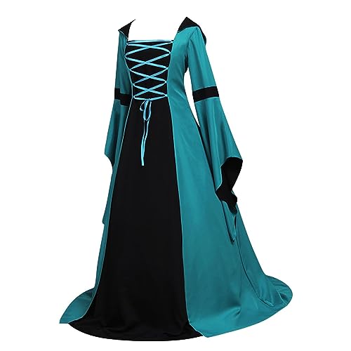 AEGJEGVD 2024 Mittelalter Kleidung Damen Renaissance Kleid mit Kapuze Viktorianische Kostüm Trompetenärmel Lange Gothic Cosplay Retro Kleider Karneval Halloween Party Festival Outfit Große Größen von AEGJEGVD