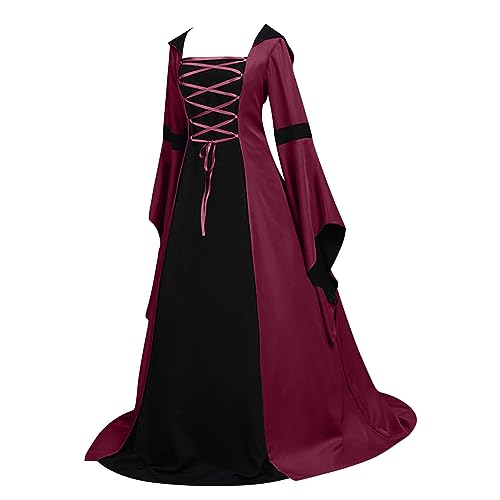 AEGJEGVD 2024 Mittelalter Kleidung Damen Renaissance Kleid mit Kapuze Viktorianische Kostüm Trompetenärmel Lange Gothic Cosplay Retro Kleider Karneval Halloween Party Festival Outfit Große Größen von AEGJEGVD