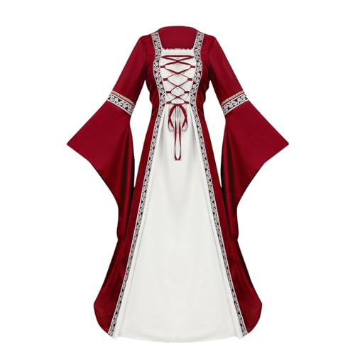 AEGJEGVD Mittelalter Kleidung Damen Retro Kostüm Gewand Halloween Kostüme für Frauen 2024 Trompetenärmel Bodenlanges Abendkleid Gothic Kleid Renaissance Viktorianisches Cosplay Prinzessin Gewand von AEGJEGVD