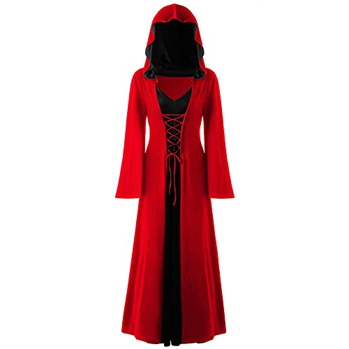 AEGJEGVD Vintage Hexenkleid Weihnachten Vampir Kostüm Frauen Renaissance Kostüm Frauen Mittelalter Kleid Plus Größe Halloween Kostüme für Erwachsene Kapuze Maxi Kleid Mittelalterlich Cosplay von AEGJEGVD