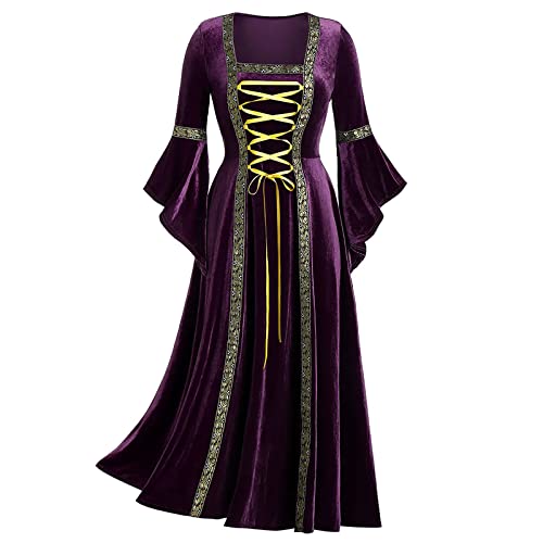 Mittelalter Kleidung Damen Satin Retro Kostüm Gewand Helloween Kostüme für Frauen Trompetenärmel Bodenlanges Langarm Abendkleid Gothic Kleid Renaissance Viktorianisches Cosplay Prinzessin Gewand von AEGJEGVD