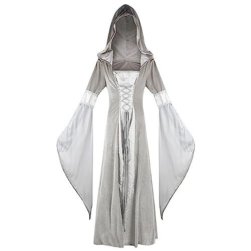 Renaissance Damen Kostüm mit Schnürung Langarm Mittelalter Lang Festliches Retro Kleid Gothic Cocktailkleid mit Kapuze Maskeradekostüme Geeignet für Cosplay und Halloween Karnevalkostüm Hexenkostüm von AEGJEGVD