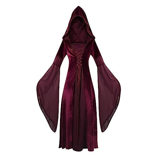 Renaissance Damen Kostüm mit Schnürung Langarm Mittelalter Lang Festliches Retro Kleid Gothic Cocktailkleid mit Kapuze Maskeradekostüme Geeignet für Cosplay und Halloween Karnevalkostüm Hexenkostüm von AEGJEGVD