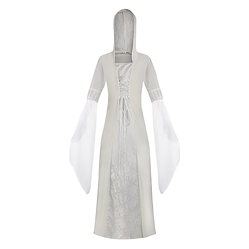 Renaissance Damen Kostüm mit Schnürung Langarm Mittelalter Lang Festliches Retro Kleid Gothic Cocktailkleid mit Kapuze Maskeradekostüme Geeignet für Cosplay und Halloween Karnevalkostüm Hexenkostüm von AEGJEGVD