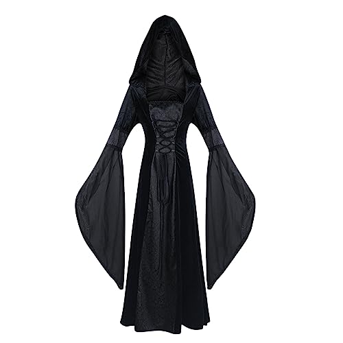 Renaissance Damen Kostüm mit Schnürung Langarm Mittelalter Lang Festliches Retro Kleid Gothic Cocktailkleid mit Kapuze Maskeradekostüme Geeignet für Cosplay und Halloween Karnevalkostüm Hexenkostüm von AEGJEGVD