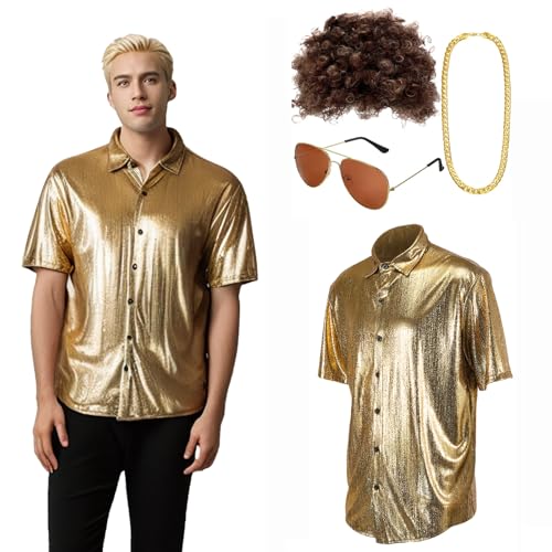 AENEY 80er 70er Kostüm für Herren, 4-teiliges Disco-Paillettenhemd mit Hippie-Accessoires, goldene glitzernde Hemden für die Karnevalsparty im Nachtclub (XL) von AENEY