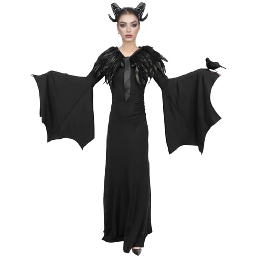 AENEY Böses Hexenkostüm-Set für Damen, 4-teiliges schwarzes Teufelskleid, Outfit mit Hörnern, Heandband, Feder-Schal, Nägel, Halloween-Party, Cosplay, Verkleidung (Schwarz, A (4 Stück), Größe S von AENEY