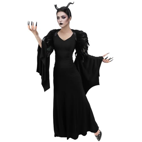 AENEY Böses Hexenkostüm-Set für Damen, 4-teiliges schwarzes Teufelskleid, Outfit mit Hörnern, Heandband, Feder-Schal, Nägel, Halloween-Party, Cosplay, Verkleidung (Schwarz, B (4 Stück), Größe S von AENEY