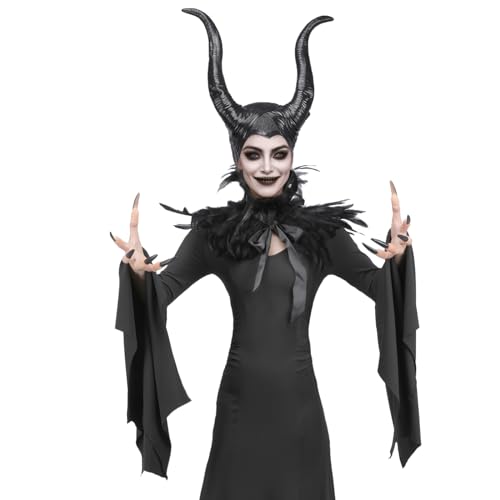 AENEY Böses Hexenkostüm-Set für Damen, 4-teiliges schwarzes Teufelskleid, Outfit mit Hörnern, Heandband, Feder-Schal, Nägel, Halloween-Party, Cosplay, Verkleidung (Schwarz, C (4 Stück), Größe M von AENEY