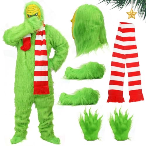 AENEY Green Monster-Kostüm für Erwachsene, 5-teiliger pelziger -Overall mit Maske, Handschuhen, Schuhen und Schal, Deluxe-Outfit für Karnevalspartys zu Weihnachten von AENEY