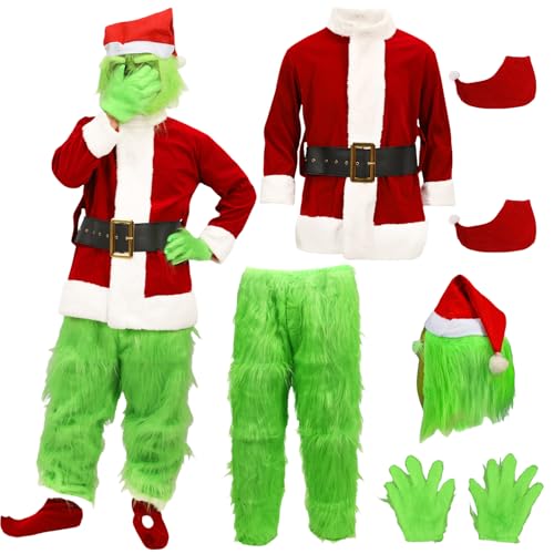 Grünes Monster Kostüm Erwachsene, 7 Stück Grünes Monster Weihnachtsmann Kostüm Anzug, Weihnachtsgeschenke Cosplay Party Faschingskostüme für Damen und Herren (7 Pack, 2XL) von AENEY