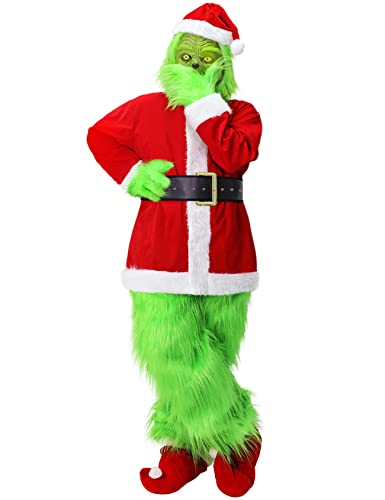 Grinch Kostüm Erwachsene, 7 StüCk Grünes Monster Weihnachtsmann Kostüm Anzug, Weihnachtsgeschenke Cosplay Party Faschingskostüne Für Damen und Herren (7 Pack, M) von AENEY