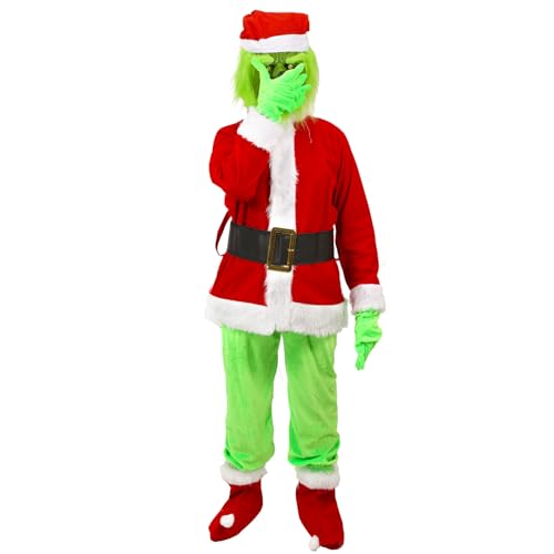 AENEY Grinch-Kostüm für Kinder, 6 Stück, Weihnachtsmonster, Weihnachtsmann, Fellmaske, Outfit, Handschuhe, Hut, Deluxe-Weihnachts-Kostüm, Party, Cosplay-Anzug (Größe XL) von AENEY