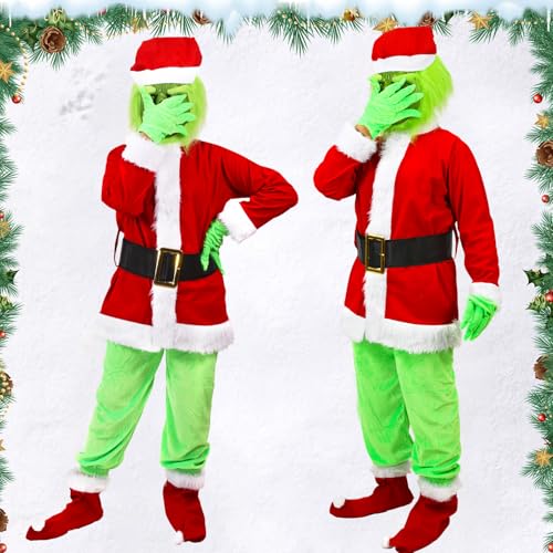 Grinch Kostüm Kinder, 6 Stück Grünes Monster Weihnachtsmann Kostün Anzug Weihnachtskostüm Cosplay Party Faschingskostüme Für Jungen Mädchen (6 Pack, L) von AENEY