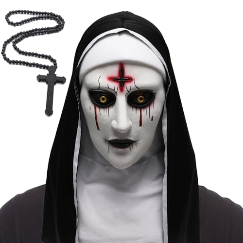 AENEY Gruselige Nonne Vollkopfmaske, gruselige Halloween-Nonne Kopfbedeckung Kostüm Kreuz Halskette, Cosplay Party Gothic Zubehör (Style-1) von AENEY