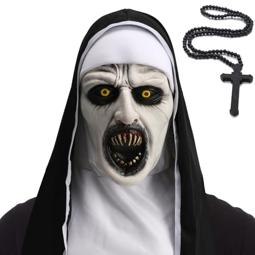 AENEY Gruselige Nonne Vollkopfmaske, gruselige Halloween-Nonne Kopfbedeckung Kostüm Kreuz Halskette, Cosplay Party Gothic Zubehör (Style-2) von AENEY