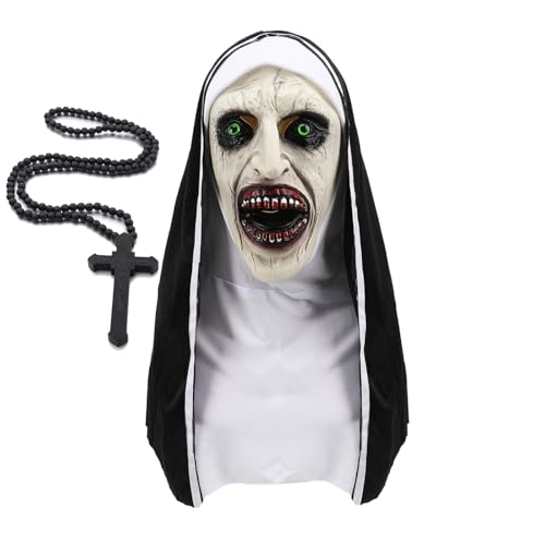 AENEY Gruselige Nonne Vollkopfmaske, gruselige Halloween-Nonne Kopfbedeckung Kostüm Kreuz Halskette, Cosplay Party Gothic Zubehör (Style-3) von AENEY