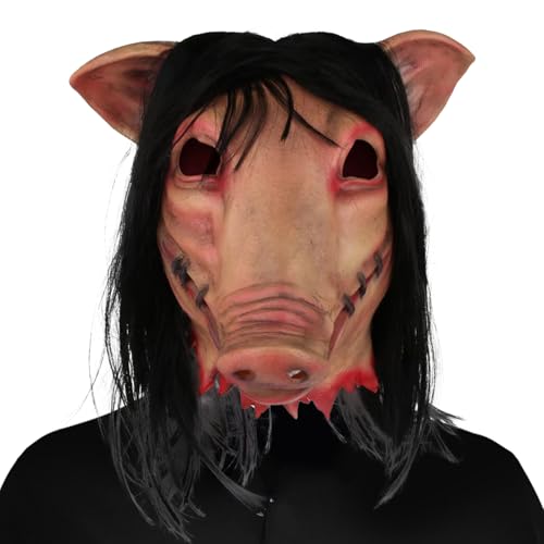 AENEY Gruselige Sägemaske, Halloween-Puppen-Puzzle-Maske, Horror-Maske, voller Kopf mit Haaren, gruselige Party-Cosplay-Kostüm-Requisiten (Saw Pig-1) von AENEY