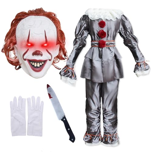 AENEY Gruseliges Clown-Kostüm für Kinder, Halloween-Killer-Joker-Outfit, gruselige LED-Maske, Messer-Handschuhe, Cosplay-Partyanzug (Clown-A, Medium) von AENEY