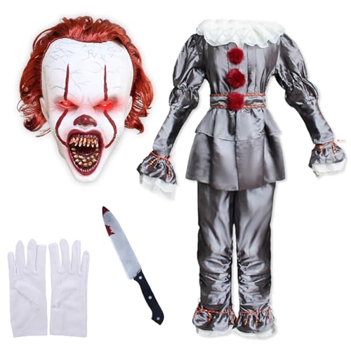 AENEY Gruseliges Clown-Kostüm für Kinder, Halloween-Killer-Joker-Outfit, gruselige LED-Maske, Messer-Handschuhe, Cosplay-Partyanzug (Clown-B, Medium) von AENEY