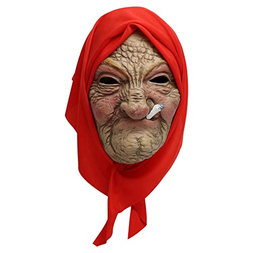 AENEY Halloween Old Lady Granny Maske, Realistische Alte Frau Rauchermasken mit rotem Kopftuch, Lustige Falten Cosplay Requisiten (Rauchen) von AENEY