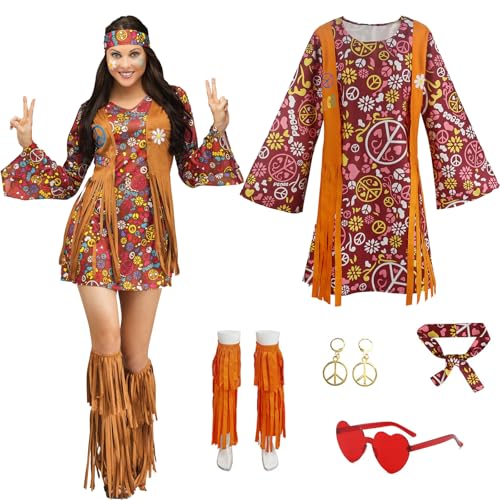 AENEY Hippie-Kostüm für Damen, 70er-/60er-Jahre-Kostüm, Disco-Hippie-Outfit mit Stirnband, Ohrring, 4 Stück, Dame, Karneval, Party, bedruckte Kleidung (Größe M) von AENEY