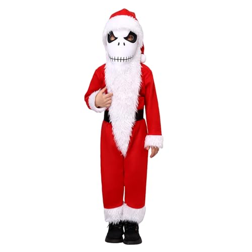 AENEY Jack Skellington Weihnachtsmann-Kostüm für Kinder, 4-teilig, Weihnachtsanzug mit Jack-Maske, Weihnachtsmannmütze, Bartgürtel, Größe L von AENEY