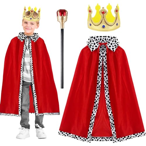 AENEY Königsumhang, Königsumhang, königlicher Umhang, Kostüm, Karneval, König, Samt, Robe, Outfit für Party, Cosplay, Verkleiden (Kinder, Rot) von AENEY