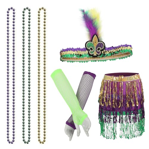 AENEY Mardi Gras Leggings Outfit für Damen, 4 Stück, lila-grün, Strumpfhosen mit Pailletten-Fliege, Handschuhe, Karneval, Party-Kostüme (Rock) von AENEY