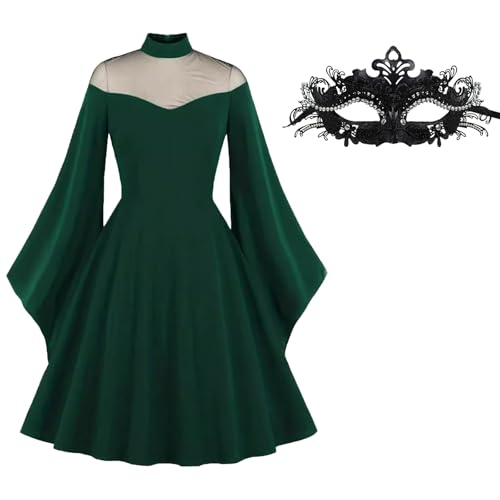 AENEY Schwarzes Gothic-Kleid für Damen, mittelalterliches Netz, Glockenärmel, Outfits mit Maskerade-Maske, Halloween-Party, Abschlussball, Cocktailkleid (UK, numerisch, 10, regulär, grün) von AENEY