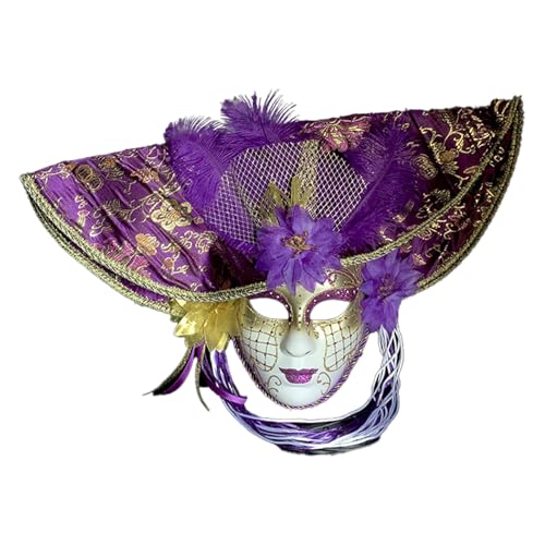 AENEY Venezianische Maskerade Maske mit Hut Karneval Narren Ball Masken Karneval Party Vollgesichtsmaske für Paare (Lila) von AENEY