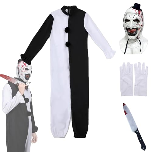 Erwachsenenkostüme Terrifier Art der Clown, Halloween-Kostüm, gruseliger Killer-Clown, Overall, Outfits mit Maske, Handschuhen, Messer-Requisiten (Schwarz und Weiß, Größe M) von AENEY