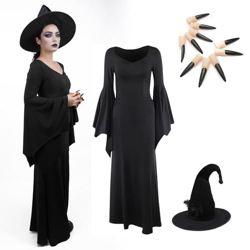 Hexenkostüm für Erwachsene, 3-teilig, schwarzes Hexenkleid, Gothic-Outfits mit Hut, Nägeln, Requisiten, Halloween-Party, Verkleidung (3 Stück, Größe M) von AENEY