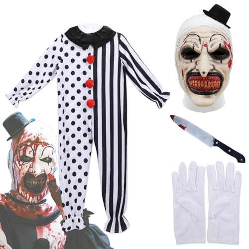 Kinder Terrifier Art der Clown-Kostüm, gruseliger Killer-Clown-Kostüm, Overall mit Maske, Handschuhen, Messer-Requisiten (schwarze Punkte, Jumpshit, Größe L) von AENEY