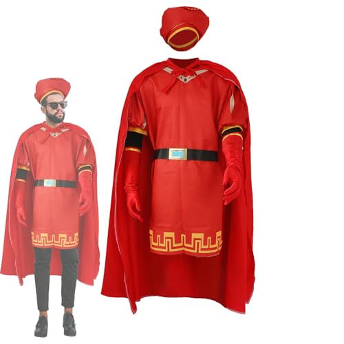 Lord Farquaad Kostüm für Erwachsene, 6-teiliges Königs-Outfit-Set mit rotem Hut, Umhang, Handschuhen, Gürtel, Verkleidung für Halloween, Party, Cosplay, Größe L von AENEY