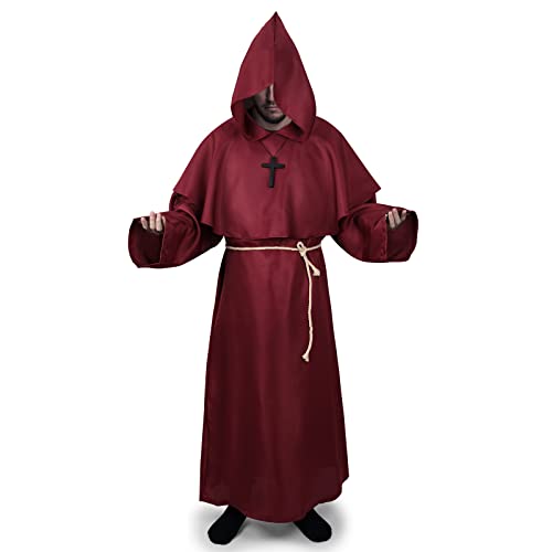 Mittelalterliche Roben mit Kapuze, Mönchskostüm, Priestermönch-Kostüm, Halloween-Bademäntel, Cosplay, Kostüm-Outfits für Erwachsene (S, Rot) von AENEY