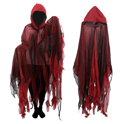 Sensenmann-Umhang für Erwachsene, 3 Stück, Halloween-Kostüm mit Kapuze, Robe, Sense, Handschuhen, Kostüm, Geist, Cosplay, Party, Requisiten (rot, ein Umhang) von AENEY