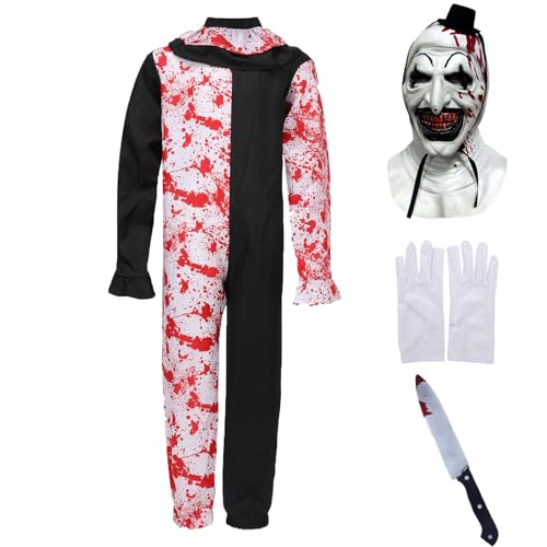 Terrifier Art der Clown-Kostüm, 4 Stück, Halloween, gruseliger Killer-Clown-Overall, Outfits mit Maske, Handschuhen, Messer-Requisiten, blutige 1, Größe L von AENEY