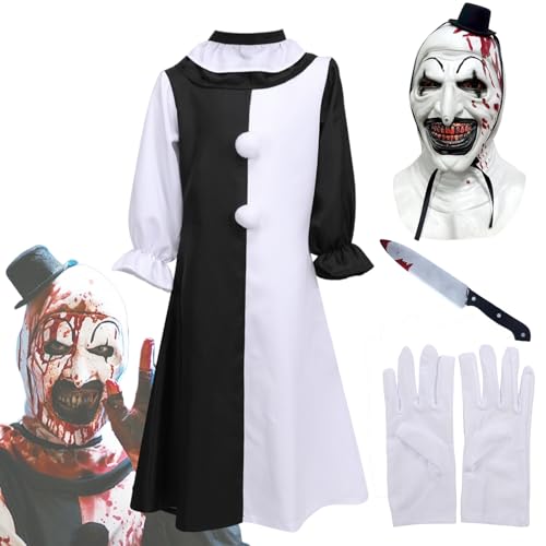 Terrifier Art the Clown-Kostüm, Halloween, gruseliger Killer-Clown, Overall, Outfits mit Maske, Handschuhen, Messer-Requisiten (schwarzes Kleid, 120) von AENEY