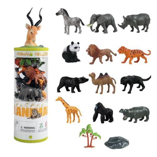 AENIMELY 15 Stück Wildtier-Figuren mit Baumstein-Dekor, Elefant, Panda, Löwe, Tiger und mehr, Mini-Pädagogische Spielzeug-Figuren mit Eimer-Aufbewahrung von AENIMELY