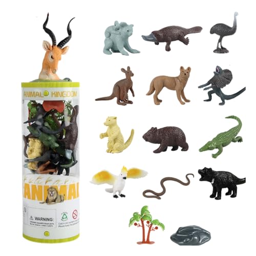 AENIMELY 15-teiliges Australien-Wildtierfiguren-Set mit Baumstein-Dekor, Koala-Känguru und mehr, pädagogische Mini-Figuren mit Eimer-Aufbewahrung von AENIMELY