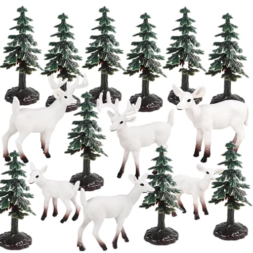 AENIMELY 16pcs White Deer Figuren und Weihnachtsbaum Spielset Winter Schnee Kreatur Wald Tier Figur Dschungel Spielset für Weihnachten Neujahr Dekor von AENIMELY