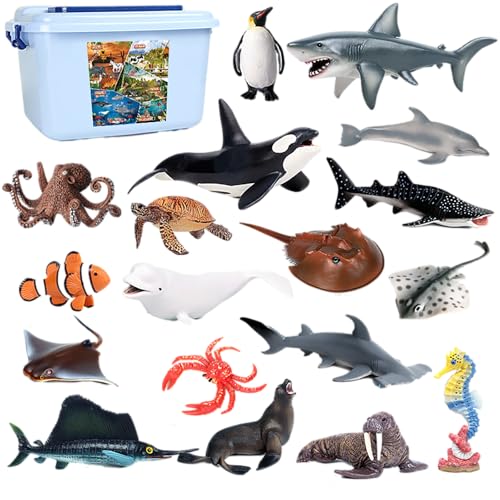 AENIMELY 18-teiliges realistisches Ozean-Tier-Spielzeug-Set für Kinder, Pinguin, Hai, Oktopus, Schildkröte, Meerestierfigur, Party-Dekorationen mit Aufbewahrungsbox von AENIMELY