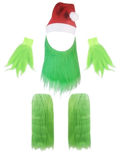 Grünes Monster-Kostüm-Set für Erwachsene, grüne Barthandschuhe, Beinstulpen, Weihnachtsmannmütze für Damen, Weihnachtsverkleidungen, Sets-a, Einheitsgröße von AENPIMGER