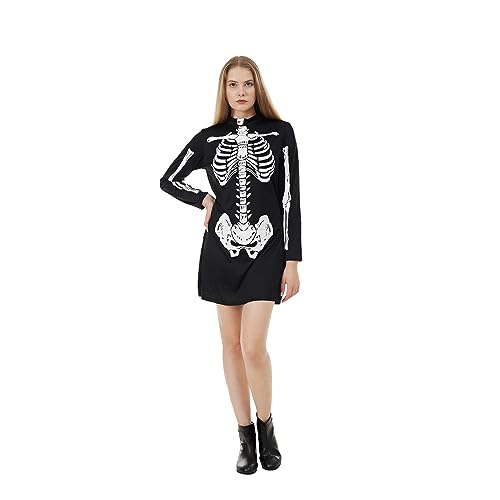 AERO ARMOR Damen-Skelett-Kostüm, Halloween-Kostüm für Damen, Totenkopf-Druck, Einteiler, Outfit, langärmeliges Kleid von AERO ARMOR