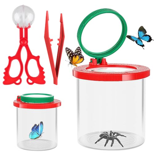 AEUZWR 2 Stück Becherlupe, Becherlupen für Kinder, Lupenglas für Kinder, Insekten Viewer mit Spinne, Becherlupe Set mit Scherenzange und Pinzette für Outdoor Wissenschaft Natur Erkundung, Rot, Grün von AEUZWR