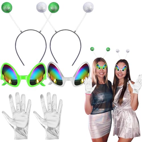 AEYAKA Alien Kostüm 2 set Alien Brille Alien Antennen Stirnband Silberne Handschuhe Grünes Kostüm Cosplay für Halloween, Karnevalsparty-Kostümzubehör von AEYAKA