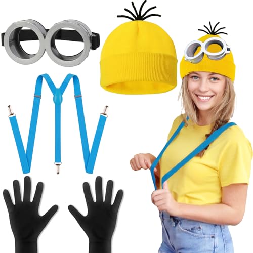 AEYAKA Gelbes Kostüm Set Schutzbrillen Schwarze Handschuhe Blaue Hosenträger Gelbe Beanie Mütze Halloween Kostüme für Erwachsene Kinder für Karneval Kostüm Cosplay Party Set von AEYAKA