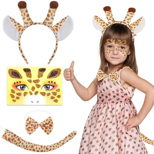 AEYAKA Giraffen Kostüm Giraffenohren Stirnband Tierkostüm Zubehör Temporäre Giraffen Gesichtstattoos Set mit Fliege und Schwanz, für Kinder, Erwachsene, Karneval, Cosplay, Kostümparty von AEYAKA